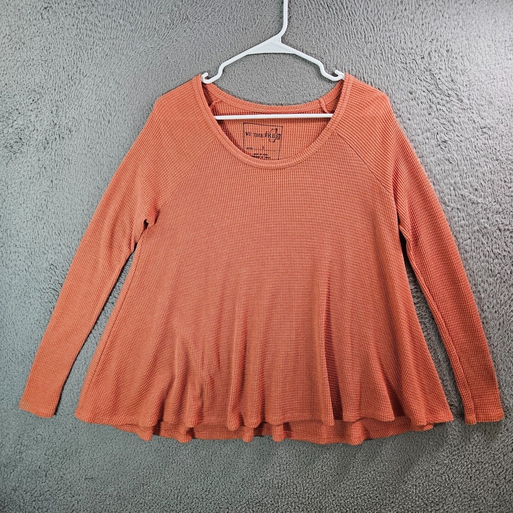 We the Free Tee Top Women Small Oversized‎ Long Sleeve Waffle Knit Orange Tone